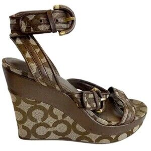 Coach Maralee Wedge Sandals Brown Signature Ankle Strap Heels Canvas Leather 8B